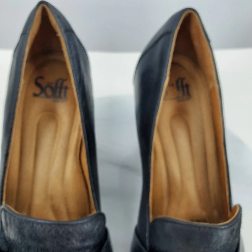 Sofft Black Leather Heeled Loafers Cow Hair Vamp Pumps 9M Witchy Dark Academia
